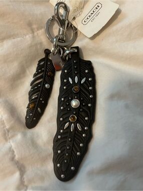 Coach Black Feather Studded Leather Key & metal keychain